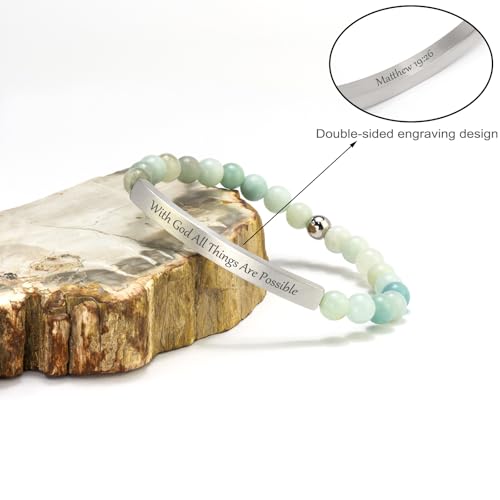 Inspirational Christian Bracelet for Women, 18K Gold Plated Bible Verse Jewelry with Amazonite Beads, Religious Faith Gift for Mom, Daughter, Sister, Friend - color: With God all things are possible-Amazonite Silver