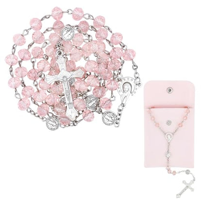 Rosary Beads for Women - Catholic Rosary Beads with Cross, Pink Crystal Rosary Necklace with Velvet Pouch, Religious Gifts for Women - color: Pink