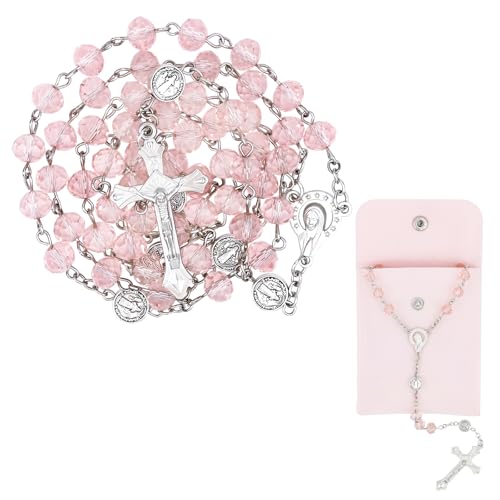 Rosary Beads for Women - Catholic Rosary Beads with Cross, Pink Crystal Rosary Necklace with Velvet Pouch, Religious Gifts for Women - color: Pink