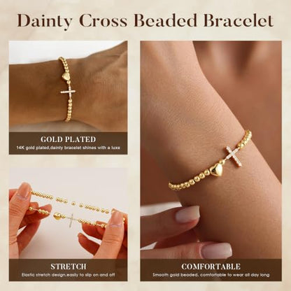 Turandoss Gold Cross Bracelet for Women Heart Beaded Bracelet Faith Jewelry - color: CZ Cross Bracelet