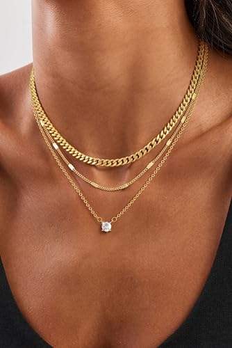 Layered Gold Necklace for Women, 14K Gold Plated Necklace Stack Set, Dainty Pendant Necklace Non Tarnish, Fashion Bow CZ Circle Star Hammered Cross Jewelry Gift for Women - color: Gold-01