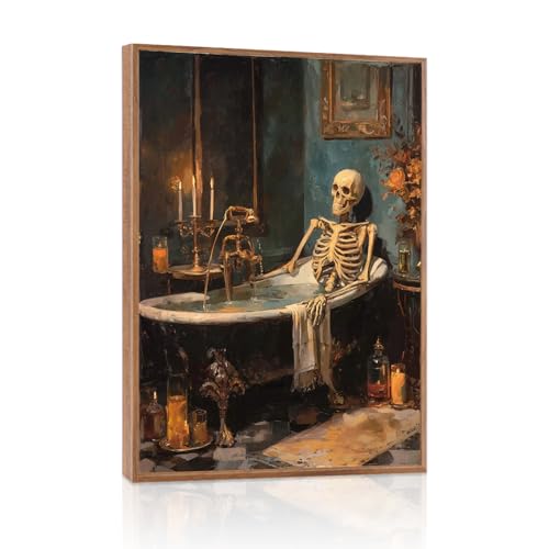 LHIUEM 12”X16”Halloween Goth Skull Framed Wall Art Vintage Skeleton Canvas Decor Unique Soaking Bones Shower Wall Art Spooky Halloween Gothic Picture Moody Skeleton Bathtub Decor for Bathroom Toilet - color: Halloween