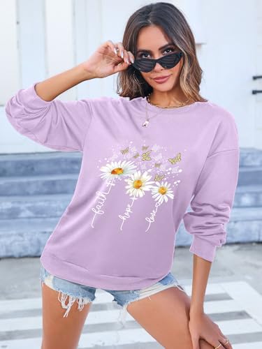 Women’s Christian Sweatshirts,Faith Hope Love Daisy Print Crewneck Long Sleeve Casual Loose Fit Sweatshirt - color: Purple, size: Medium