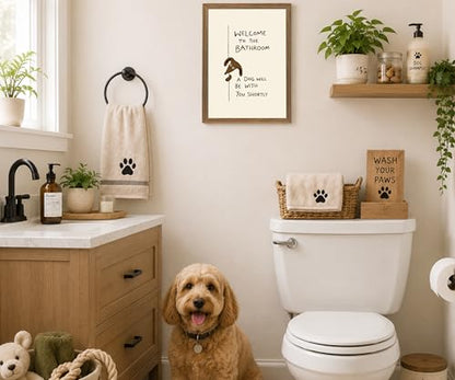 Funny Dog Bathroom Wall Art, Framed Canvas Print 16x24 In - color: Cream, Brown, Black, Natural Wood, size: 16"L x 24"W