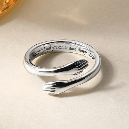 LOVECOM S925 Sterling Silver Hug Rings for Women Teen Girls Mother Daughter - color: Beautiful g@rl you can do hard things, size: US Size 6