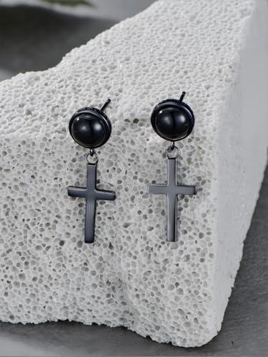 Black Dangle Drop Earrings 925 Sterling Silver Black Onyx Stud Earrings Viking Rune Jewelry Gift for Women Men - color: A03-Cross