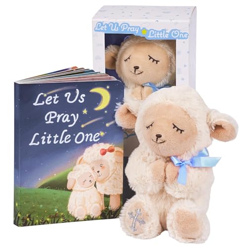 MyMateZoe Baptism Gifts for Boys, Great Christening, Dedication and Baptism Gift Set for Boys and Newborn Baby, Includes 7" Praying Lamb Plush Toy and Let Us Pray Baby Book in Keepsake Gift Box - color: Blue-lamb