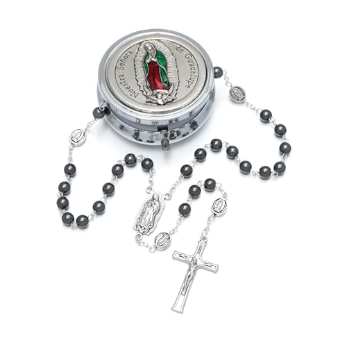 KOMI 6mm Glass Pearl Rosary Beads Catholic for Women with Metal Rosary Box Religious Gifts - style: Guadalupe-hematite