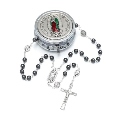 KOMI 6mm Glass Pearl Rosary Beads Catholic for Women with Metal Rosary Box Religious Gifts - style: Guadalupe-hematite