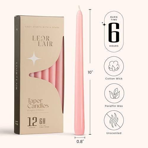Leor & Lair Light Pink Taper Candles, 12 Pack, 10 Inch, Unscented - color: Light Pink