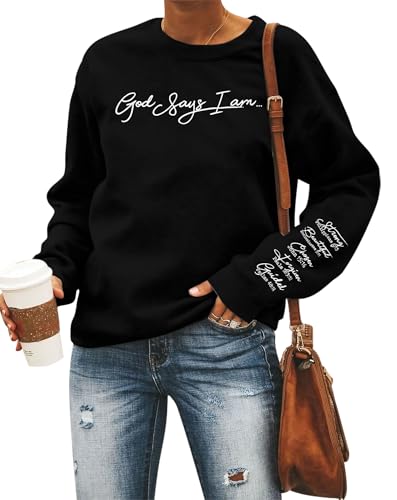 Christian Sweatshirt Women Bible Verse Pullover Religious Faithful Shirt - color: Black, size: Small