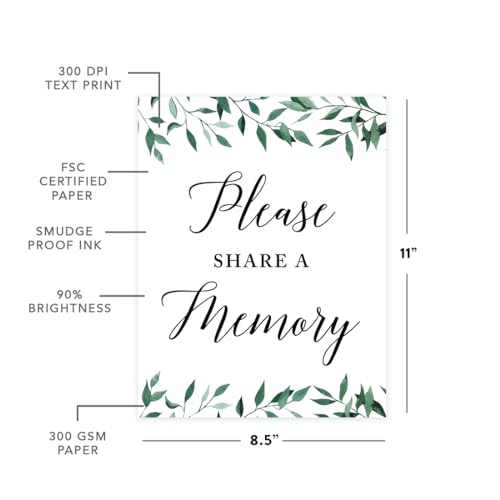 Andaz Press Wedding Party Signs, Natural Greenery Green Leaves, 8.5x11-inch, Please Share a Memory, 1-Pack - color: Activities Memory