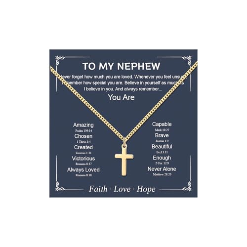 Small Cross Necklace for Boys Baptism Christmas Confirmation Valentines Easter Birthday Gifts to Teens Son Grandson Nephew - color: gold, style: Nephew