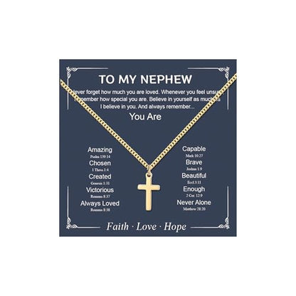 Small Cross Necklace for Boys Baptism Christmas Confirmation Valentines Easter Birthday Gifts to Teens Son Grandson Nephew - color: gold, style: Nephew