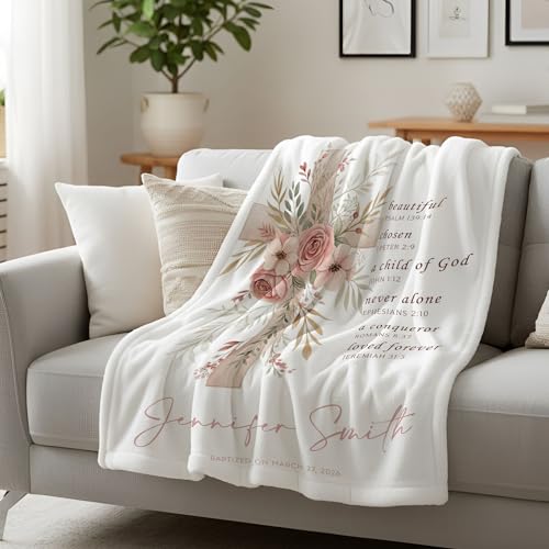 Personalized Baptism Blanket for Girl, Custom Floral Cross Baby Blanket, Christian Christening Gift, Catholic Scripture Throw Blankets, Baptized in Christ Blankets, Goddaughter Keepsake - color: #Ver7