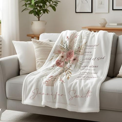Personalized Baptism Blanket for Girl, Custom Floral Cross Baby Blanket, Christian Christening Gift, Catholic Scripture Throw Blankets, Baptized in Christ Blankets, Goddaughter Keepsake - color: #Ver7