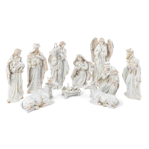 Glitzhome Nativity Set for Christmas Indoor Decorations, 10-Piece Large White Nativity Figurines Sets 18.5" x 50", Resin Tabletop Scenes Figures Xmas Collectibles Figurine Statue Holiday Decor - color: Ivory Gold