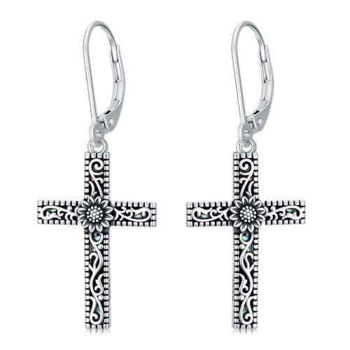925 Sterling Silver Sunflower/Rose/Plumeria/Hibiscus/Mushroom Cross Earrings for Women Hawaiian Flower/Butterfly Cross Dangle Drop Earrings Jewelry Faith Christian Gift for Her Daughter Wife Girlfriend - style: Sunflower