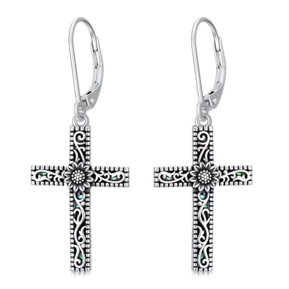 925 Sterling Silver Sunflower/Rose/Plumeria/Hibiscus/Mushroom Cross Earrings for Women Hawaiian Flower/Butterfly Cross Dangle Drop Earrings Jewelry Faith Christian Gift for Her Daughter Wife Girlfriend - style: Sunflower