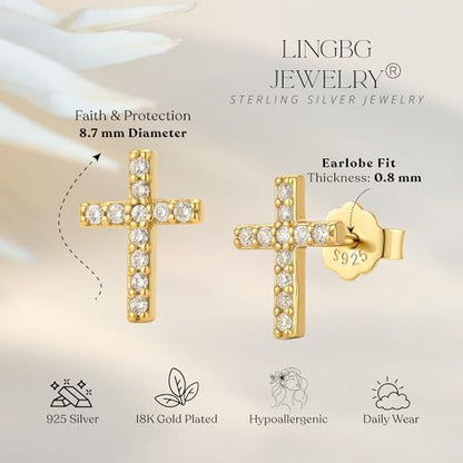 Tiny 925 Sterling Silver Cross Stud Earrings for Women Small Religious Faith Cubic Zirconia Cross Post Earrings - color: 18Kgold plated silver