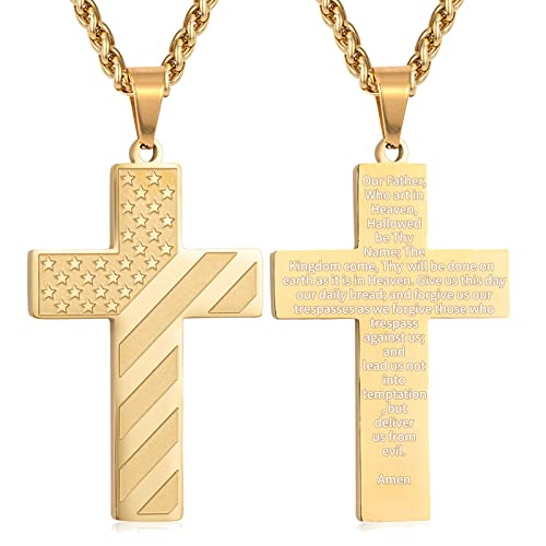 DuoDiner 18+2" Cross Necklace for Men Boys Christian Confirmation Gifts - color: Gold, style: Lord's Prayer