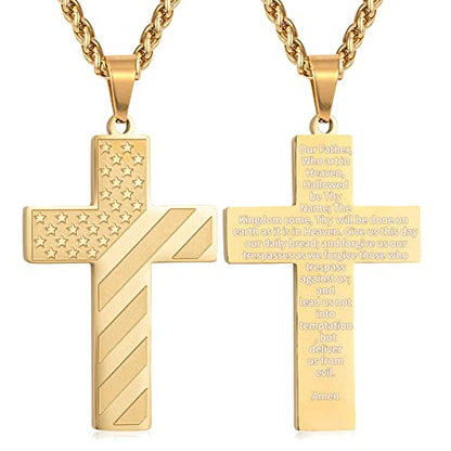 DuoDiner 18+2" Cross Necklace for Men Boys Christian Confirmation Gifts - color: Gold, style: Lord's Prayer