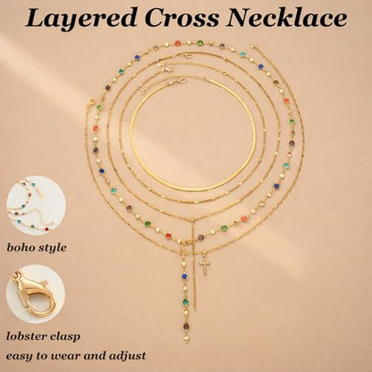 FAXHION 5PCS 14k Gold Plated Cross Necklaces for Women, Pendant Stacked Layered Diamond Y Long Boho Jewelry Sets Adjustable Accessories Trendy Gifts for Women - color: gold-01