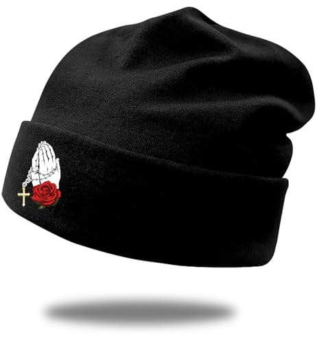 Black Flexible Classic Adult Beanie Cap for Men Women - Warm Knitted Hat for Winter, Chemo Cap Headwear - color: Praying Hands