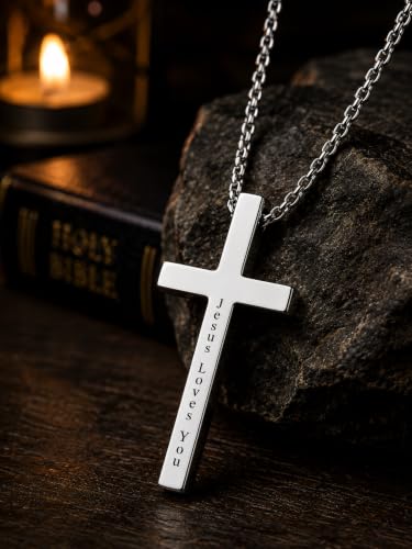 Engraved Cross Necklace for Men, Women & Boys & Girls Cross Necklace, Stainless Steel Cross Pendant Necklace, Faith & Inspiration Christian Jewelry Gift - color: Jesus Loves You