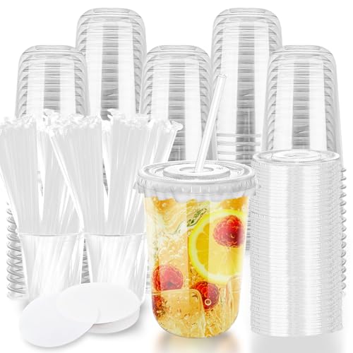 16oz Disposable Stemless Glasses with Flat Lids and Straws,PET Disposable Drinking Cups,Clear Plastic Wine Glasses for Parties Birthday,Wedding,Meeting,Christmas Party Supplies. (100, Transparent) - color: Transparent
