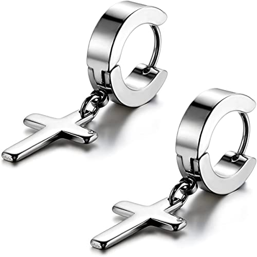 Cupimatch 3-6 Pairs Stainless Steel Cross Dangle Huggie Hinged Hoop Earrings for Men Women (1 Pair Silver Cross) for Mother's Day - color: Silver