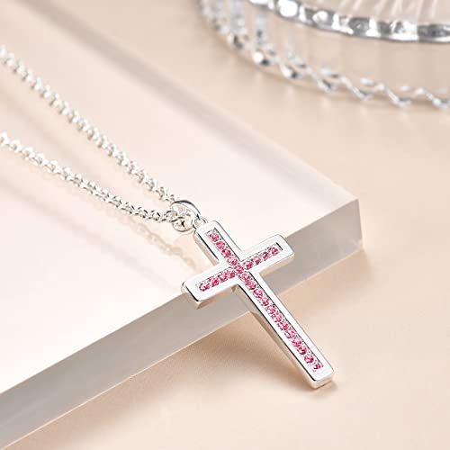 Baptism Cross Necklace for Women,First Communion Cross Necklaces Jewelry Gifts for Women - color: Birthstone 10-October-Pink