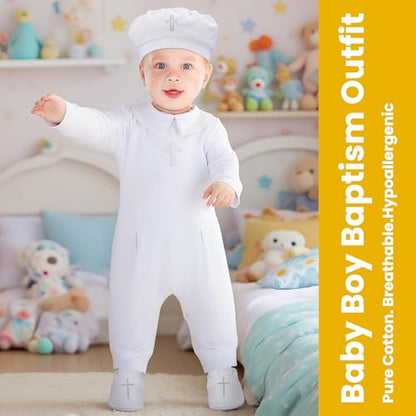 4 Pcs Baby Boy Baptism Outfits with Cross Christening Outfit Jumpsuit Hat Shoes Socks for Newborn Infant Boys - size: 6-12 Month