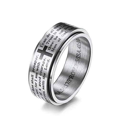 Inspirational Bible Verses Rotatable Christian Jesus Christ Lord Prayer Stress Relief Spinner Fidget Band Rings for Men Women for Anxiety Finger Rotate Freely Stainless Steel Wedding Couple Birthday Anniversary Dad Christmas Gifts - color: Silver, size: 1
