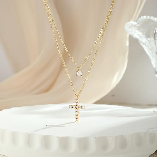 Cross Necklace For Women,14K Gold Plated Small Dainty Colorful Beaded Cubic Zirconia Diamond Double Layered Cross Pendant Choker Necklaces For Women,Christian Easter Religious Jewelry Gifts - style: Layered Diamond Cross-Gold