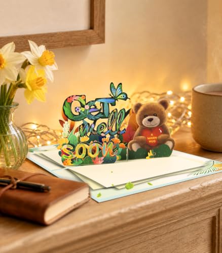 Magic Ants 3D Get Well Soon Pop-Up Card with BrownBear, Cheerful Flowers, and Butterflies | Uplifting Recovery Greeting Card for Kids, Adults, and Seniors | Personalised Note & Envelope Included - color: Flowers Butterflies