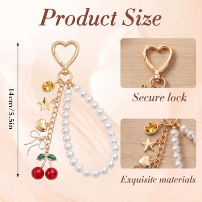 Cute Bag Charms Keychain - Pearl Keyring Wristlet Birthday Gifts - color: Red Cherry
