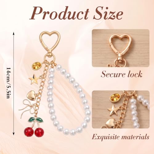 Cute Bag Charms Keychain - Pearl Keyring Wristlet Birthday Gifts - color: Red Cherry