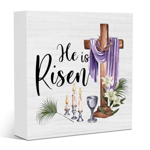 He is Risen Easter Decor Easter Christian Religious Jesus Cross Decorations for Office Home Farmhouse Kitchen Bedroom Dining Room Desk Table Wood Decor Sign 5 X 5 Inches - color: Risen3