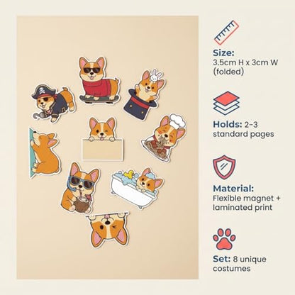 Corgi Peeking Magnetic Bookmarks Set of 8, Cute Dog Bookmark Clips with Funny Costume Designs, Magnetic Book Marks for Books, Planner & Journals, Gifts for Dog Lovers Women, Corgi Gifts - style: Corgi Peeking Magnetic Bookmarks
