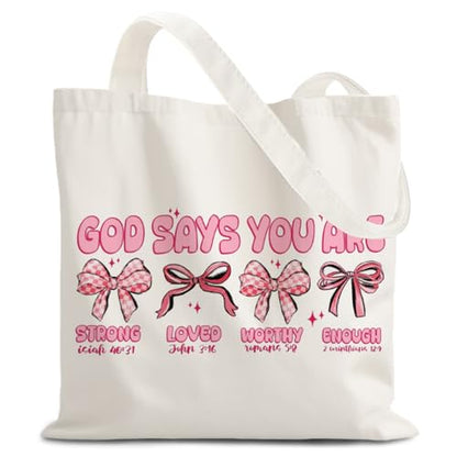 God Says You are Christian Canvas Tote Bags for Women, Inspirational Christian Gifts for Women - color: Bow God Says You Are