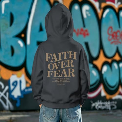 Fkatuzi Boys Christian Faith Over Fear Hoodie Kids Jesus Sweatshirt Faith Verse Bible God Religious Graphic Hoodies Pullover - color: Deep Gray, size: 5-6 Years