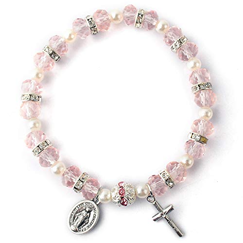 HanlinCC Women's Stretch Rosary Bracelet Beaded Crucifix & Miraculous Medal - color: Pink