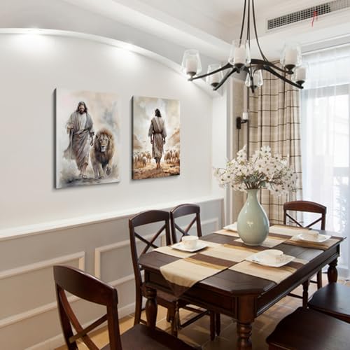 Framed 2Pcs Jesus Canvas wall Art Boho Christian Wall Art Jesus and Lamb Prints Wall Decor Lamb of God Pictures Posters Lion of judah Paintings for Livingroom Bedroom Church Decorations(12"*16"*2Framed) - color: 2pcs jesus lion sheep, size: 16"L x 12"W