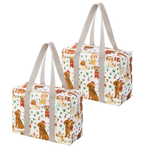 VENO 2 Pack Utility Tote Reusable Grocery Bags with Zipper & Hard Bottom - color: Holiday Pups, size: 2 Pack