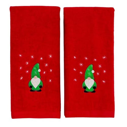 Christmas Red Guest Hand Bathroom Towels, Cute Festive Winter Gnome, 16x26" - color: Green Gnome on Red