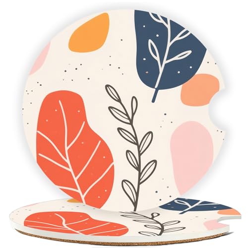Ceramic Car Cup Holder Coasters Set of 2, 2.56 in Bohemian Leaves - color: Bohemian Leaves