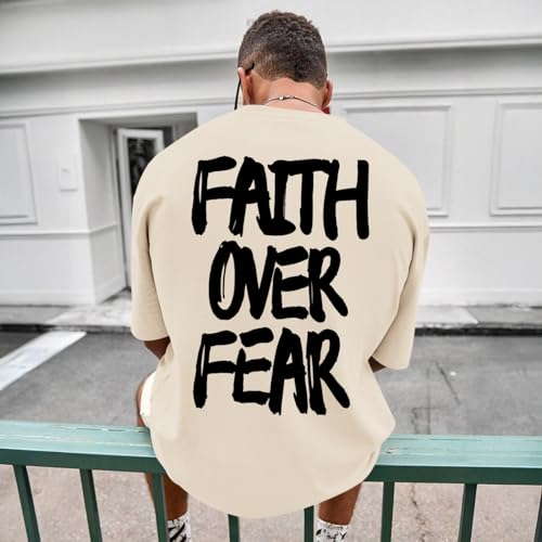 Christian Jesus Shirts for Men Faith Over Fear Shirt God Religious Bible Verse Inspirational Oversized Graphic Tees - color: Apricot, size: Small