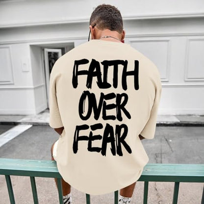 Christian Jesus Shirts for Men Faith Over Fear Shirt God Religious Bible Verse Inspirational Oversized Graphic Tees - color: Apricot, size: Small