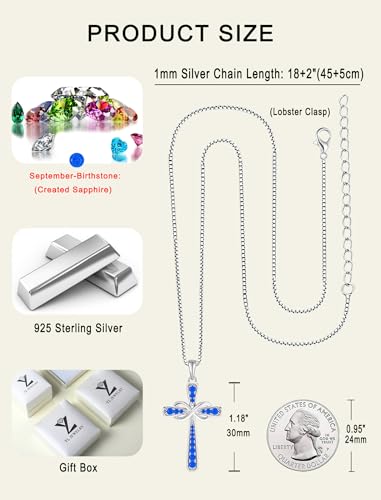 YL 925 Sterling Silver Cross Necklace for Women Halo Infinity Pendant Cubic Zirconia Jewelry for Mom - color: 09-sapphire-Sept